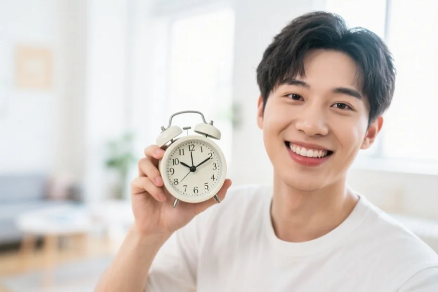 一位手持闹钟、面带微笑的年轻用户,背景为明亮室内,象征理性安排购彩时间